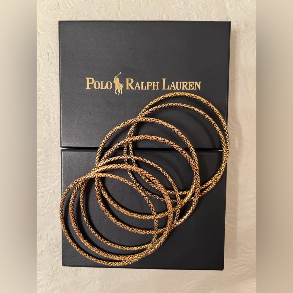 Ralph Lauren 14k Yellow Gold Plated Textured  7 Bangle Bracelet Set